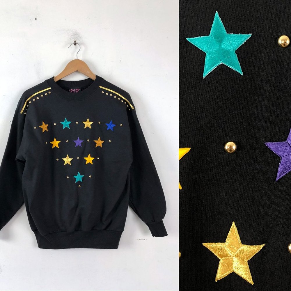 Vintage Stars Studs Women's Sweatshirt Black Gold Size Medium